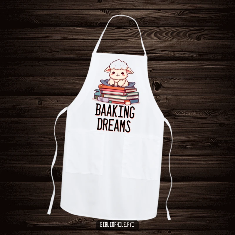 Funny apron featuring a delighted sheep character nestled in a pile of stories, perfect for a cozy and literary kitchen.