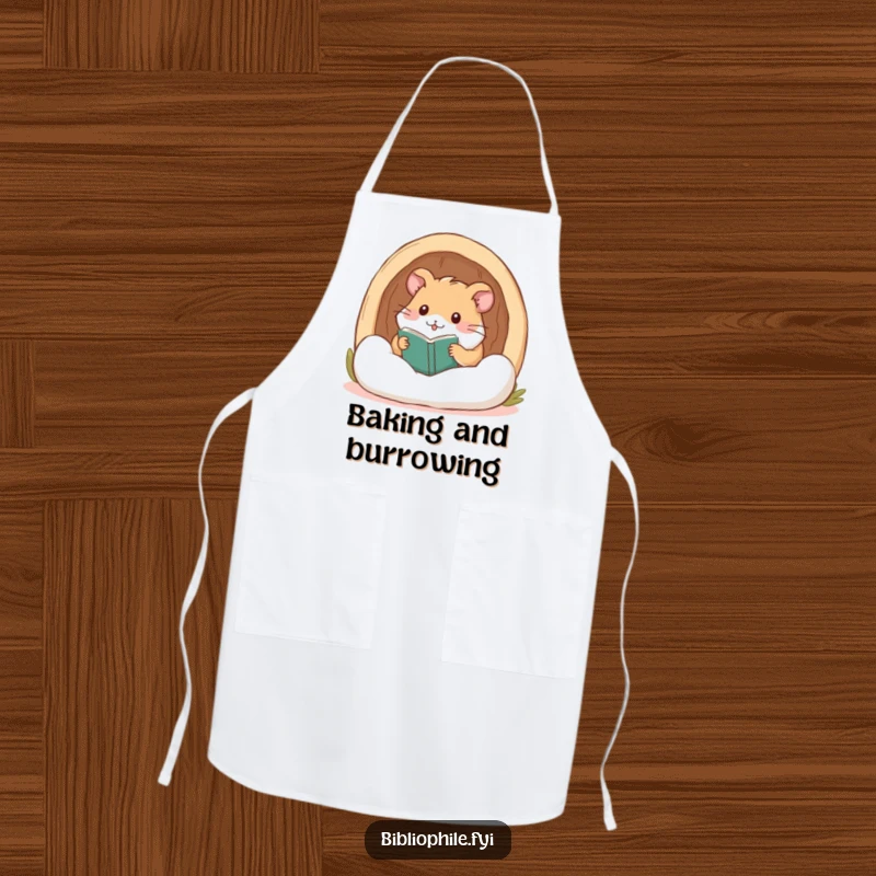 Funny hamster peeking from a reading nook, designed on a practical apron for cozy kitchen moments.