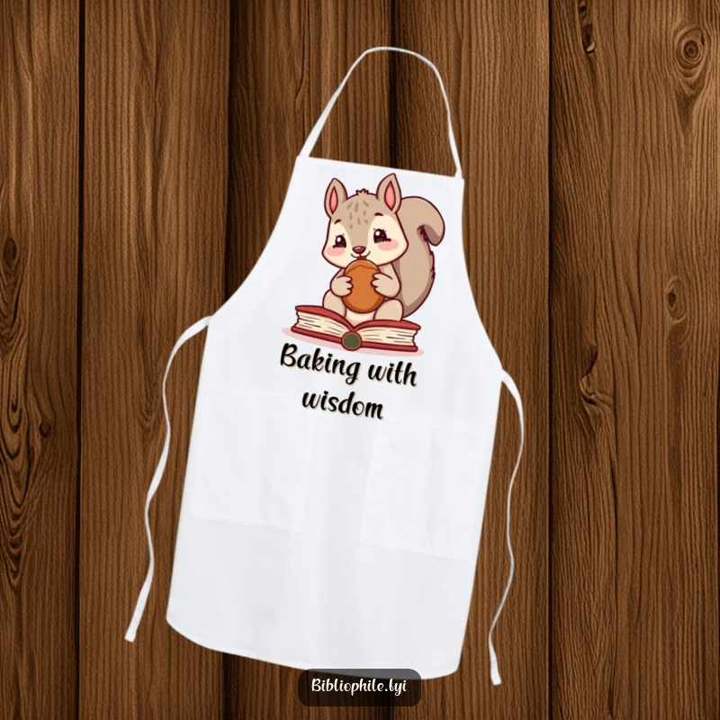 Funny apron featuring a cute squirrel character hiding a nut behind a book, perfect for kitchen fun.