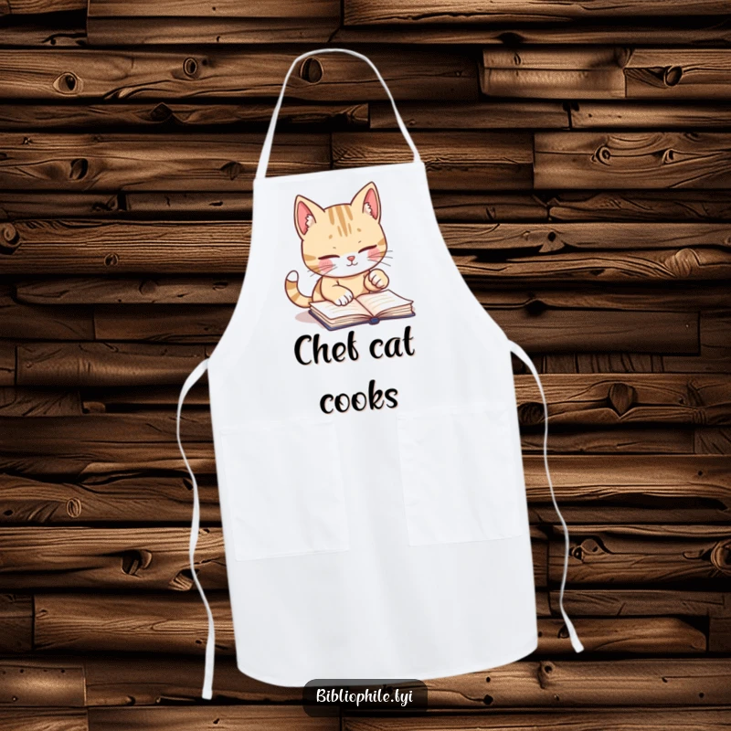 Funny apron featuring a cute cat character diligently marking a page with its paw, blending kitchen tasks with reading.
