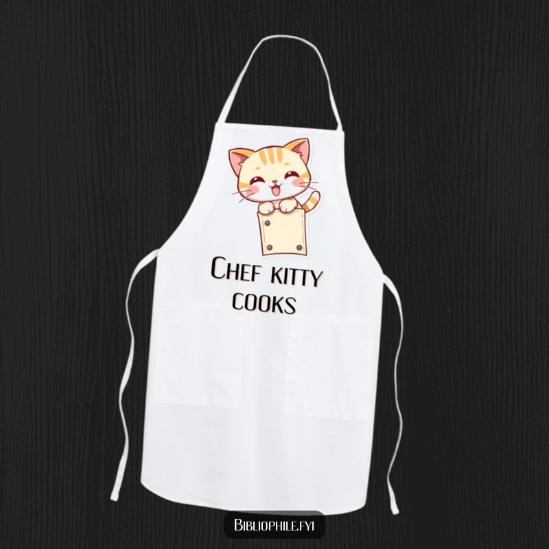 Funny kawaii cat character in a playful pouncing pose, illustrated on a stylish and humorous kitchen apron.