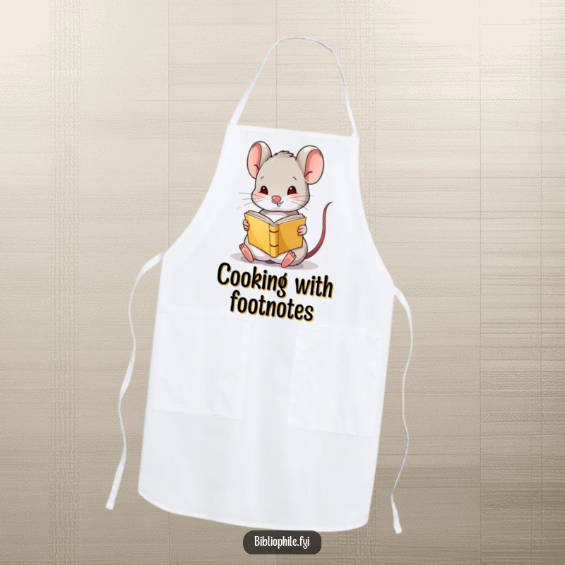 Funny Mouse Apron depicting a cute mouse character amusingly reading a tiny book upside down, adding humor to kitchen activities.