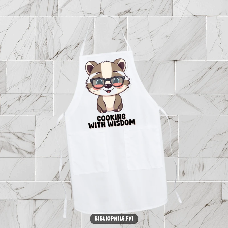 Funny apron showing a cheerful badger character wearing reading glasses, perfect for a bookish cook or baker.
