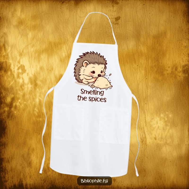 Funny apron showing a curious hedgehog character sniffing a dusty tome, adding intellectual charm and humor to the kitchen.