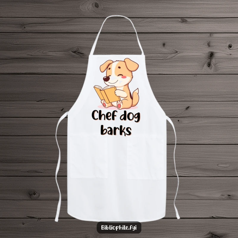 Funny apron featuring a cute dog character wagging its tail excitedly while reading a story, blending kitchen fun with reading.