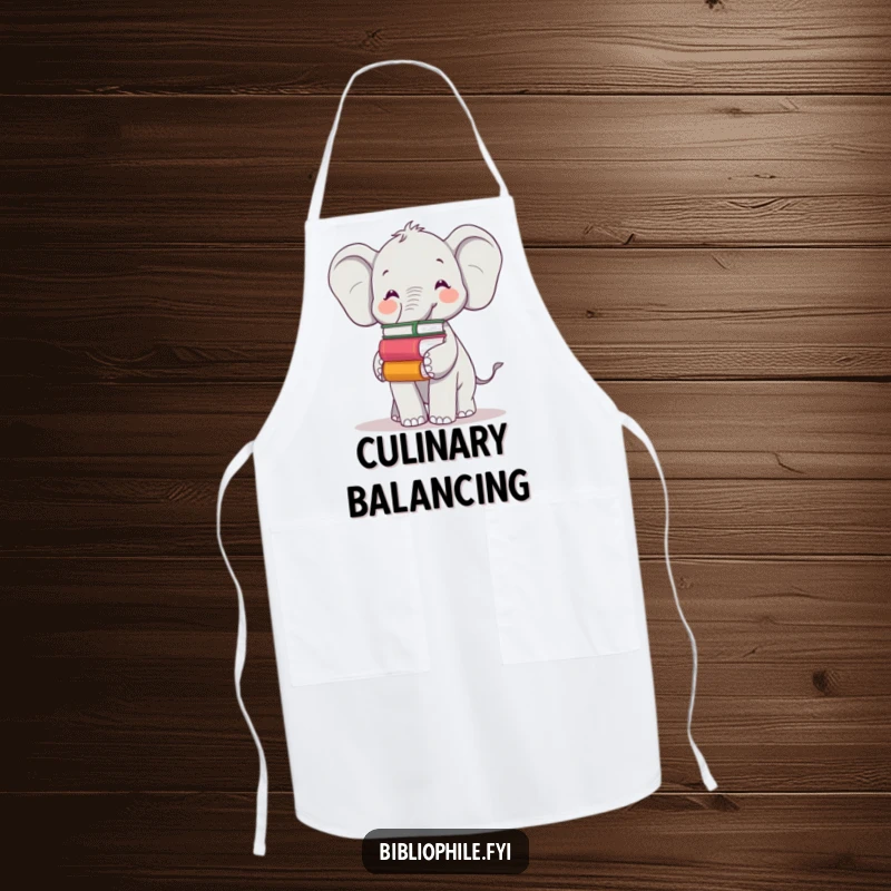 Funny apron showing a cheerful elephant balancing books on its trunk, perfect for cooking with gentle wisdom.
