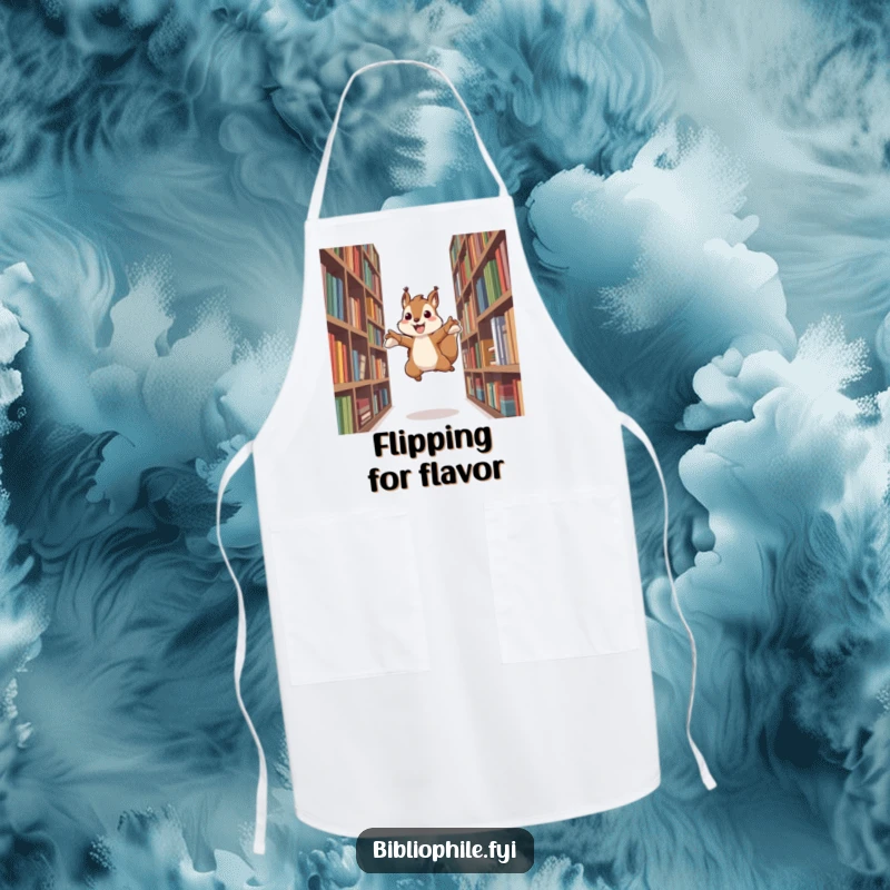 Funny apron showing an energetic squirrel character leaping between bookshelves, adding a dynamic and playful touch to the kitchen.