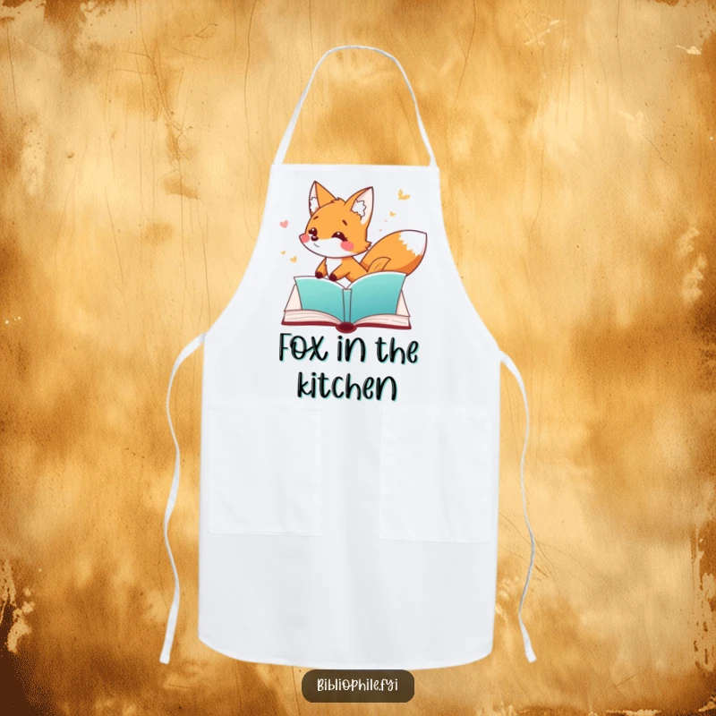 Funny Fox Apron showing a playful fox character chasing a fluttering bookmark through an open page, great for kitchen use.