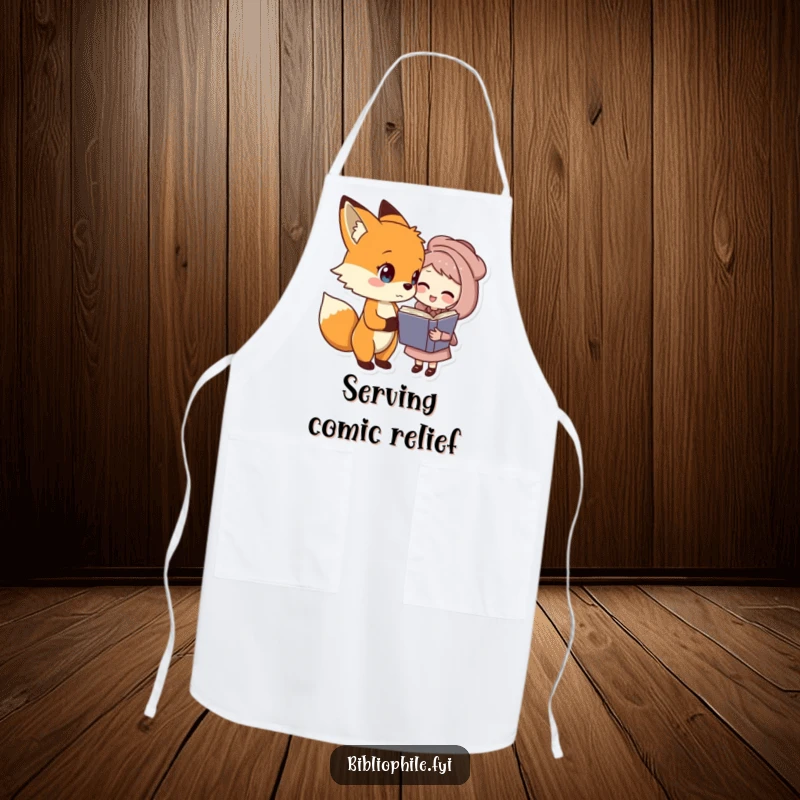 Funny fox and book friend apron, a fox sharing a joke with a book character while cooking, kitchen funny gift.
