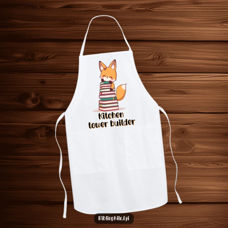 Funny Fox Apron: Cute fox building a tall book tower, a humorous kitchen accessory for readers.