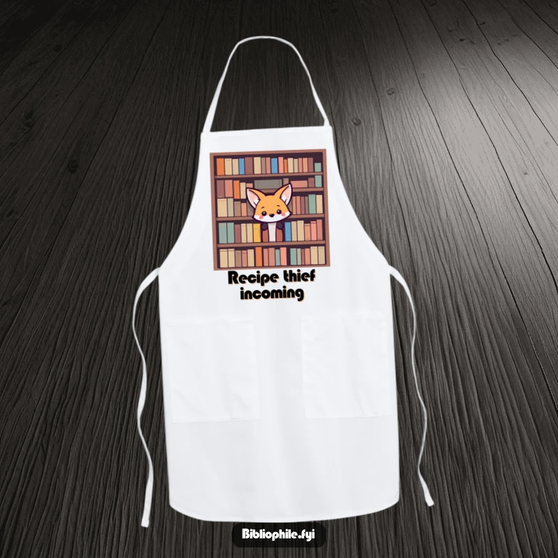 Funny Fox Apron: A curious fox peeks from behind a bookshelf, adding humor and charm to kitchen activities and cooking.