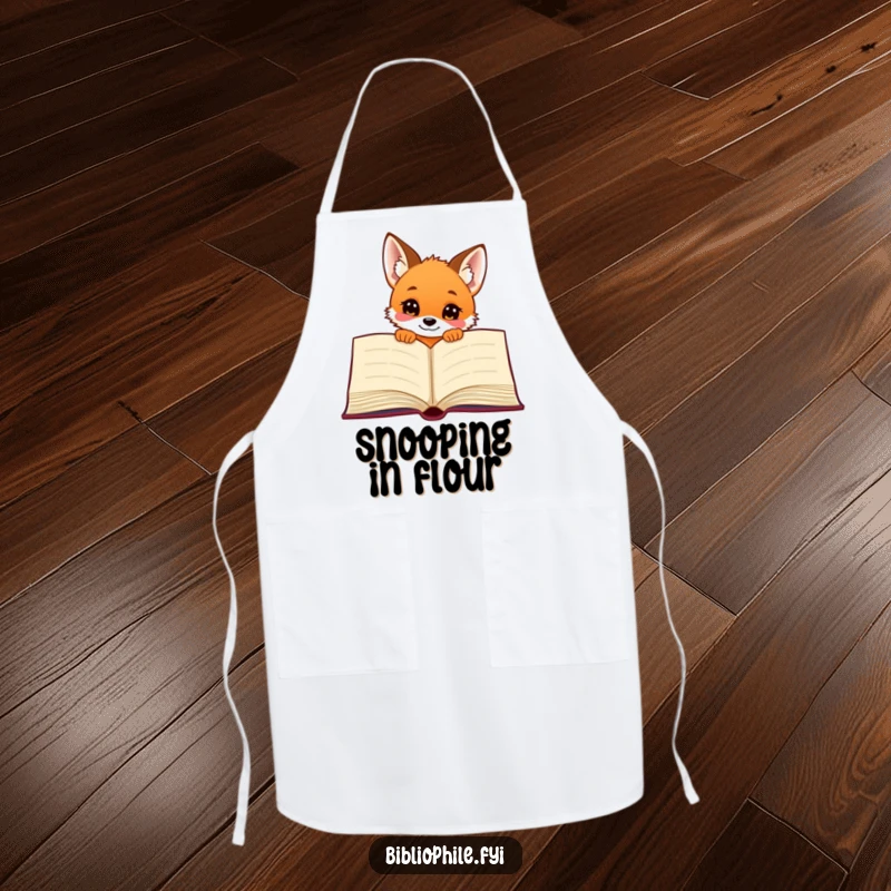 Funny fox puppy peeking out from behind a giant book, printed on a practical kitchen apron.