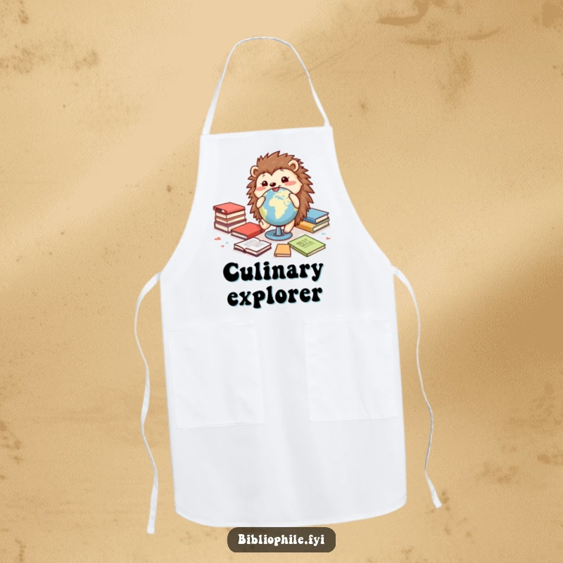 Funny apron showing a cheerful hedgehog rolling a globe among books, perfect for cooking with an adventurous spirit.