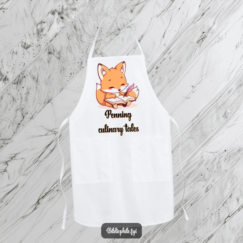 Funny kawaii fox character writing in a journal with a quill, a humorous and functional apron.