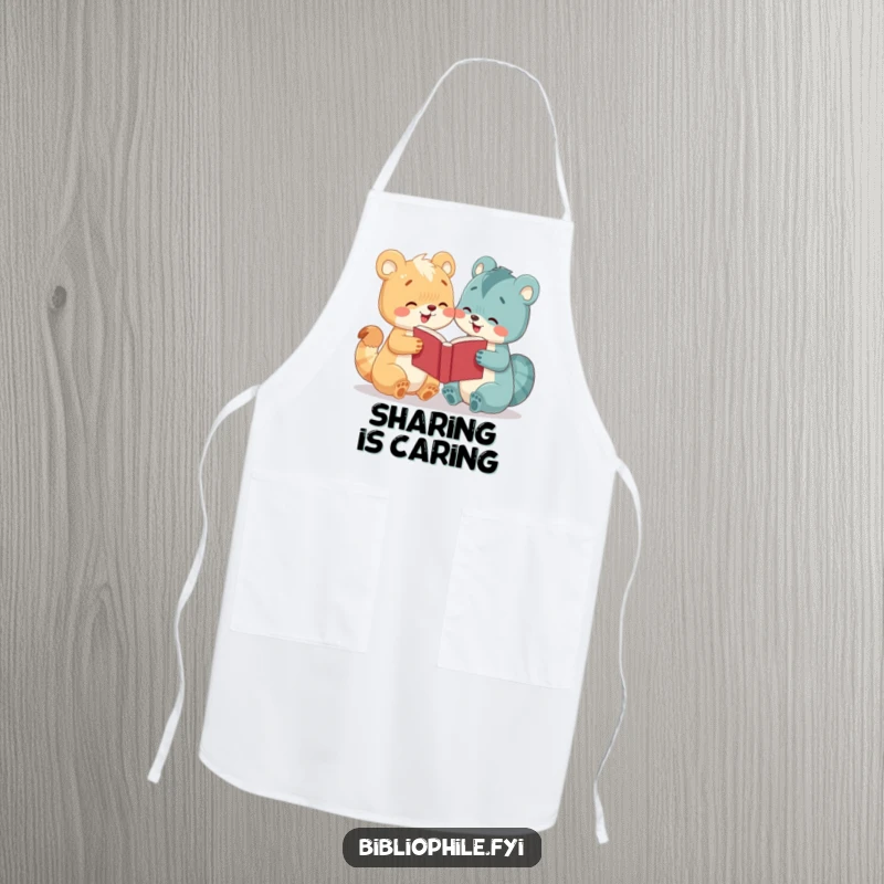 Funny apron with a cute animal character enthusiastically sharing a book, suitable for kitchen use or as a reading accessory.