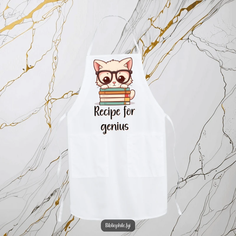 Funny apron with a kawaii kitten character wearing glasses, peering at a stack of novels, suitable for kitchen use.