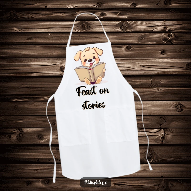 Funny apron with a cute puppy character enthusiastically reading a large open book, suitable for kitchen use and book lovers.
