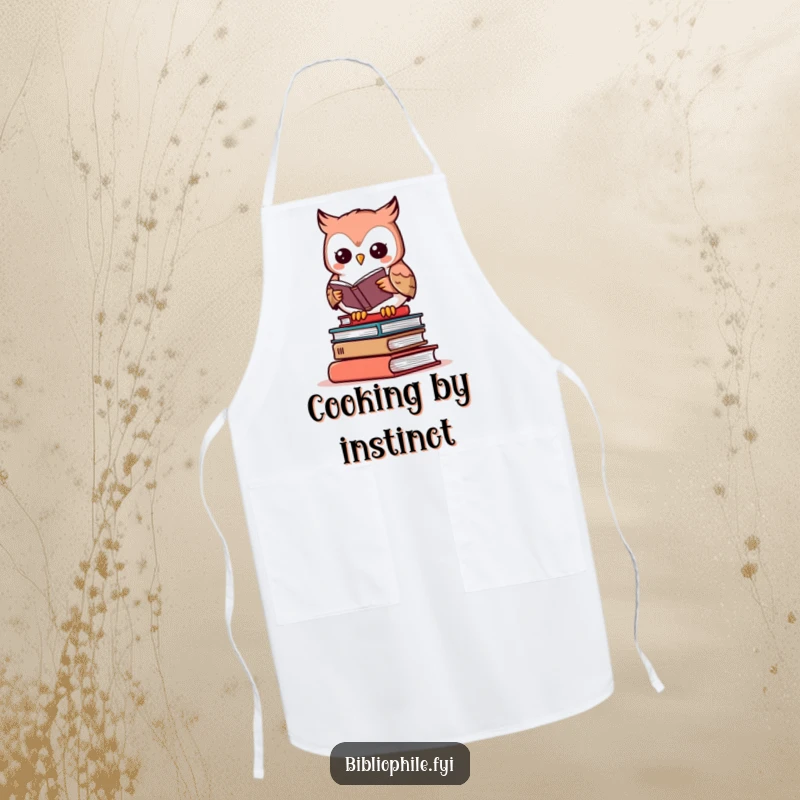 Funny owl apron with a cute reading character, perfect for a literary-themed kitchen or gift.