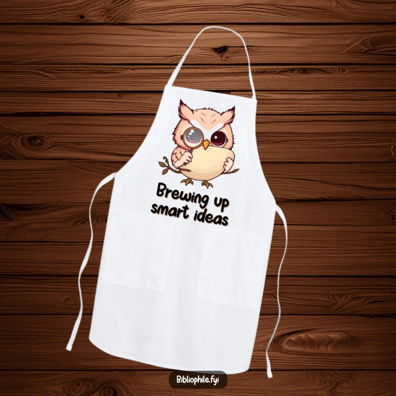 Funny owl monkler apron, a wise owl with a monocle intently reading a cookbook, kitchen funny gift.