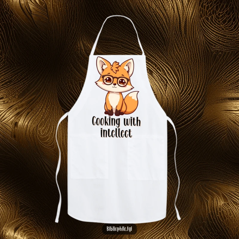 Funny fox in scholarly attire adjusting spectacles, designed on a practical apron for chefs and readers.