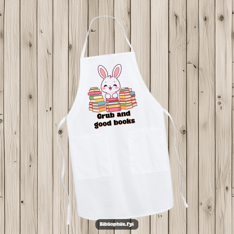 Funny kawaii bunny character delighted by stacks of books, a humorous and functional apron.