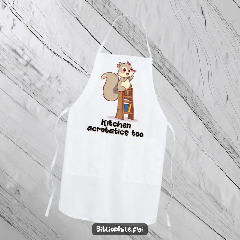Funny energetic squirrel climbing a bookshelf ladder, designed on a practical apron.