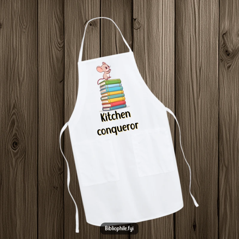 Funny apron showing a determined mouse climbing a stack of books, perfect for cooking with ambitious flair.