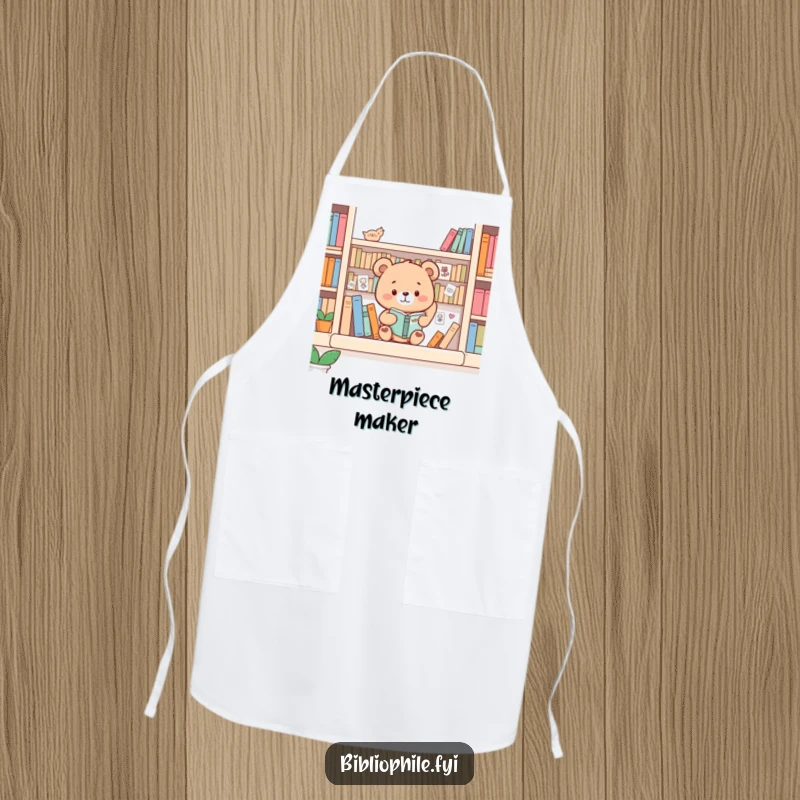 Funny Bear Apron: Bear decorating a bookshelf with drawings, a whimsical kitchen accessory.