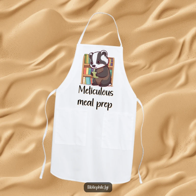 Diligent badger meticulously organizing tiny novels on a kitchen apron, adding a neat touch.