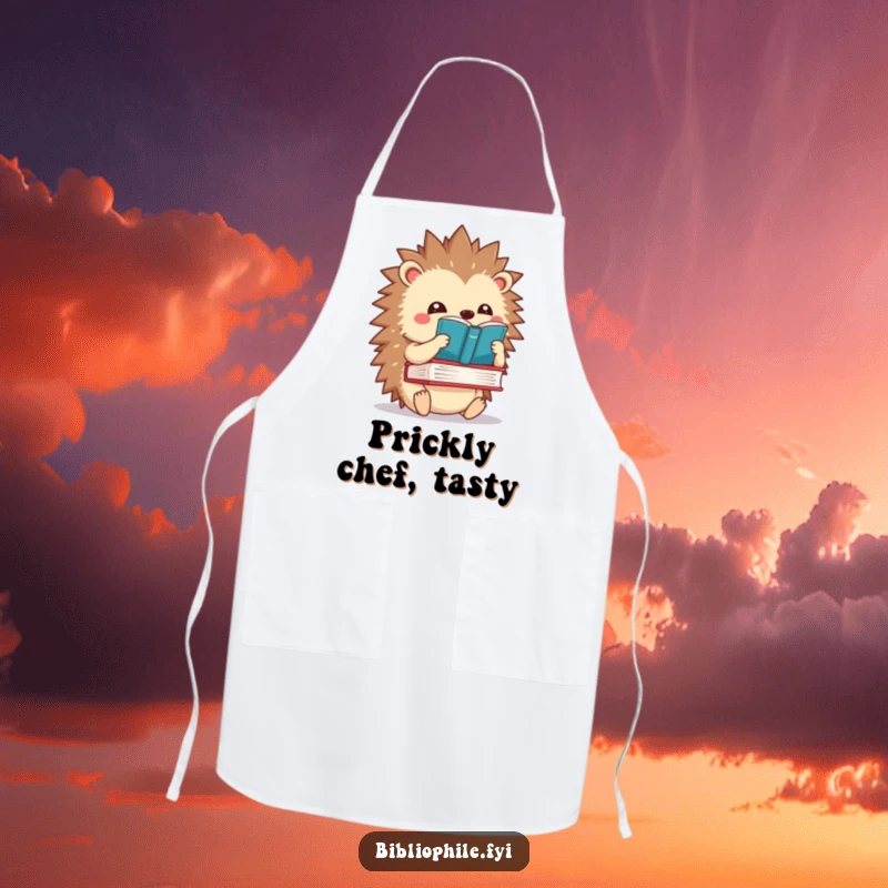 Funny kawaii hedgehog balancing a book on its spines, printed on a stylish and humorous kitchen apron.