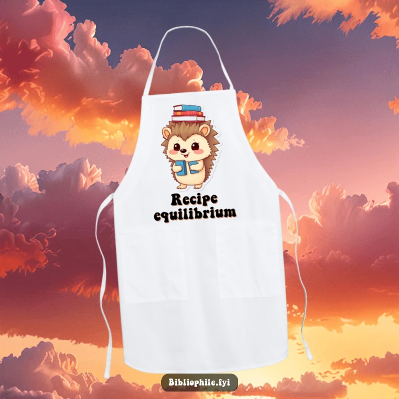 Funny apron with a playful hedgehog character balancing books on its head, perfect for the kitchen.