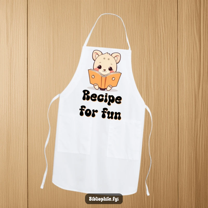 Funny apron featuring a cute animal character happily reading an oversized book, perfect for a joyful and literary kitchen.