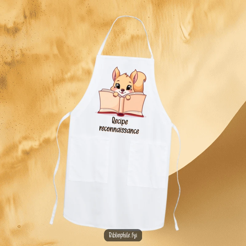 Funny squirrel peeking from behind an open book on a kitchen apron, adding charm to cooking.
