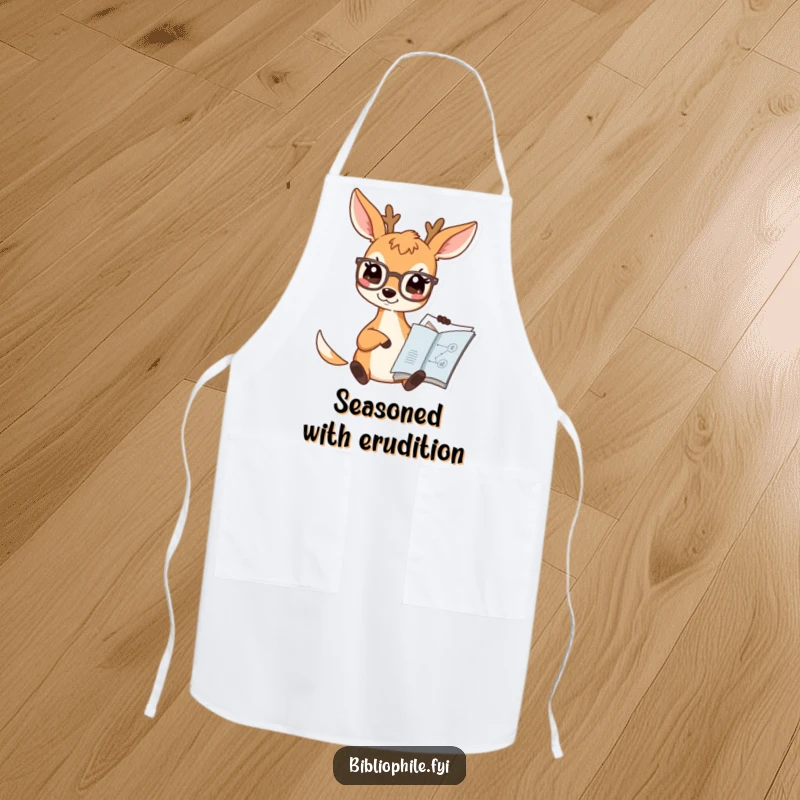 Funny Deer Apron showing a cute deer character wearing spectacles and pointing at a book diagram, adding intellectual humor to cooking.