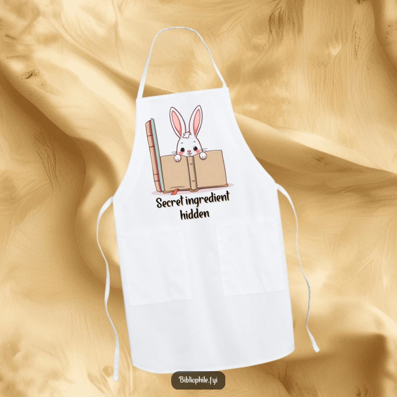 Funny apron showing a mischievous rabbit character hiding behind a giant book, adding playful secrecy to the kitchen.