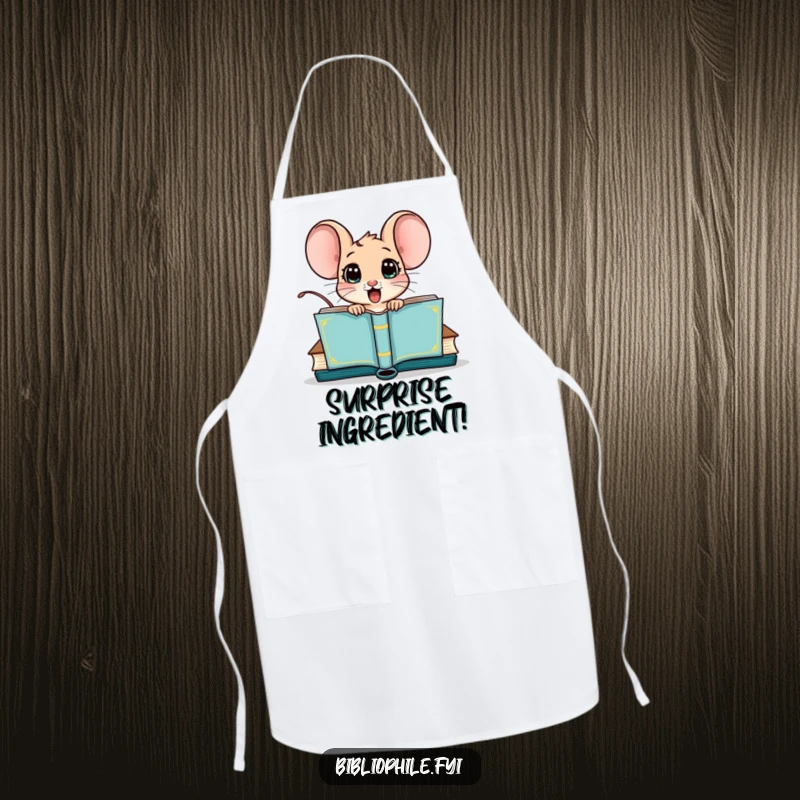 Funny apron featuring a surprised mouse character peeking out from a book cover, ideal for a literary foodie.
