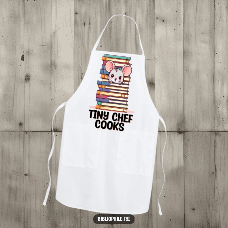 Funny apron featuring a cute mouse character peeking from behind a towering pile of books, blending kitchen fun with reading.