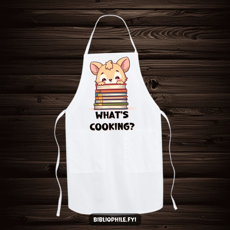 Funny apron featuring a cute animal character curiously peeking over a large stack of books, perfect for a curious kitchen.