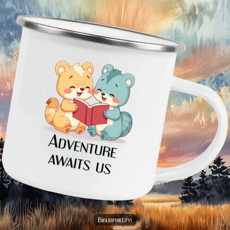 Funny camping mug depicting a cute animal character enthusiastically sharing a book, suitable for outdoor enthusiasts and readers.