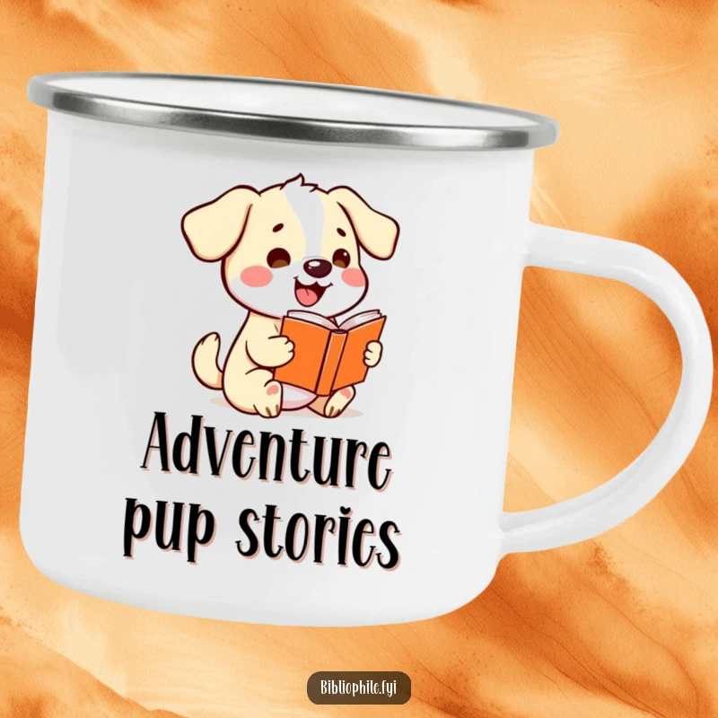Funny kawaii dog wagging its tail excitedly while holding a storybook, depicted on a rugged and humorous camping mug.