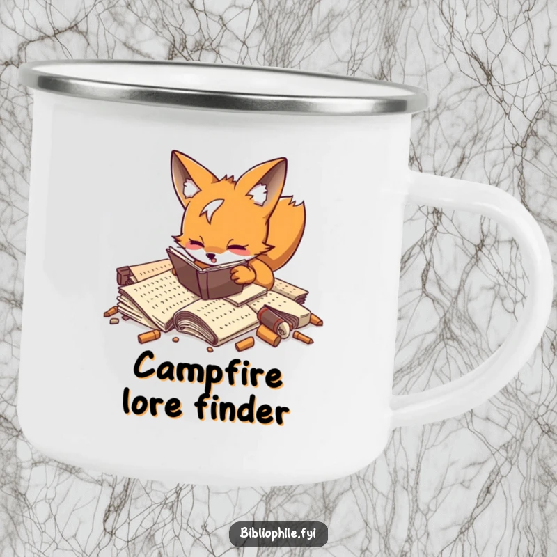 Playful fox enthusiastically digging through forgotten manuscripts on a durable enamel camping mug.