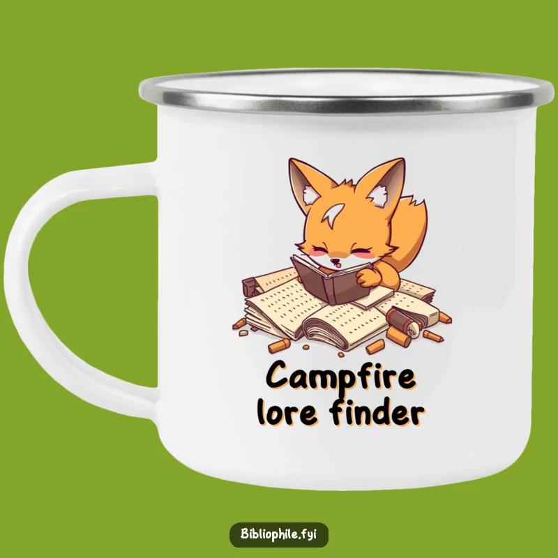 Explore the outdoors with a sense of discovery with this funny enamel camping mug. Features a playful fox digging through manuscripts.