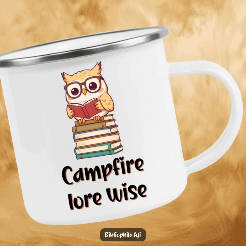 Funny kawaii owl character wearing reading glasses, perched on books, adorning a durable camping mug.