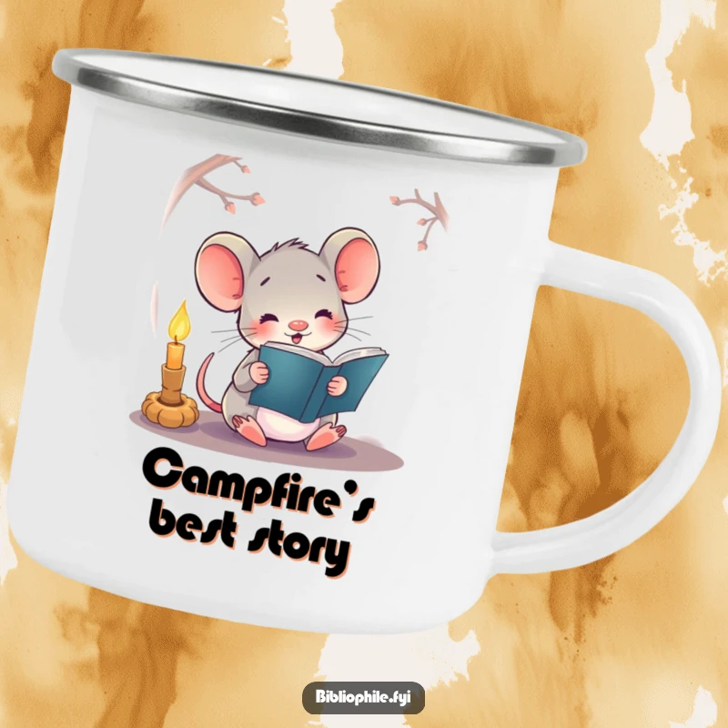 Funny camping mug featuring a happy mouse reading a book by candlelight, perfect for outdoor drinks.