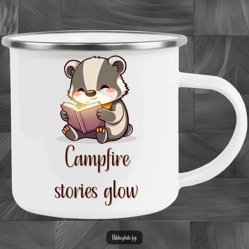 Funny badger reading a faintly glowing book, on a durable camping mug, for outdoor enchantment.