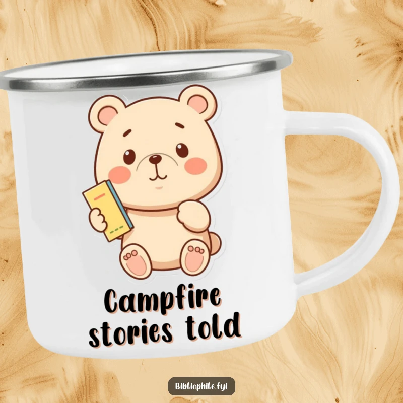 Funny proud bear holding a bookmark on a durable camping mug, perfect for outdoor reading enjoyment.