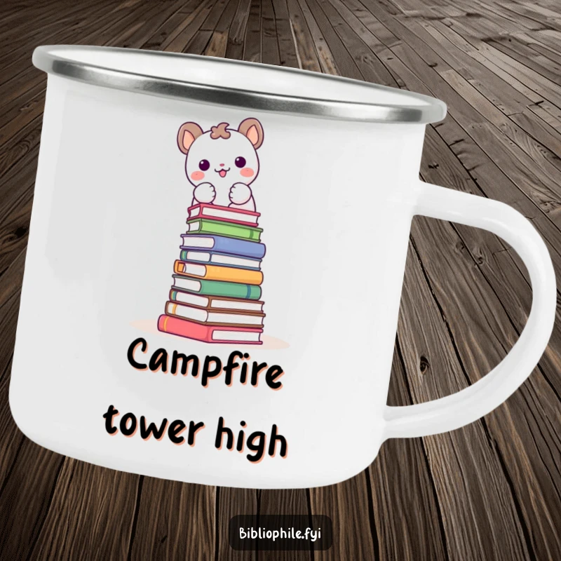 Funny camping mug depicting a cute animal character joyfully stacking books into a tower, suitable for outdoor enthusiasts.