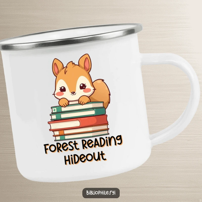 Funny Squirrel Camping Mug: Squirrel peeking from behind books, ideal for outdoor reading adventures.