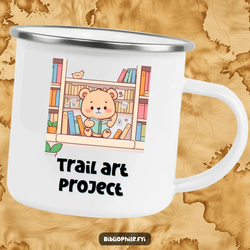 Funny Bear Camping Mug: Bear decorating a bookshelf with drawings, ideal for outdoor artists.