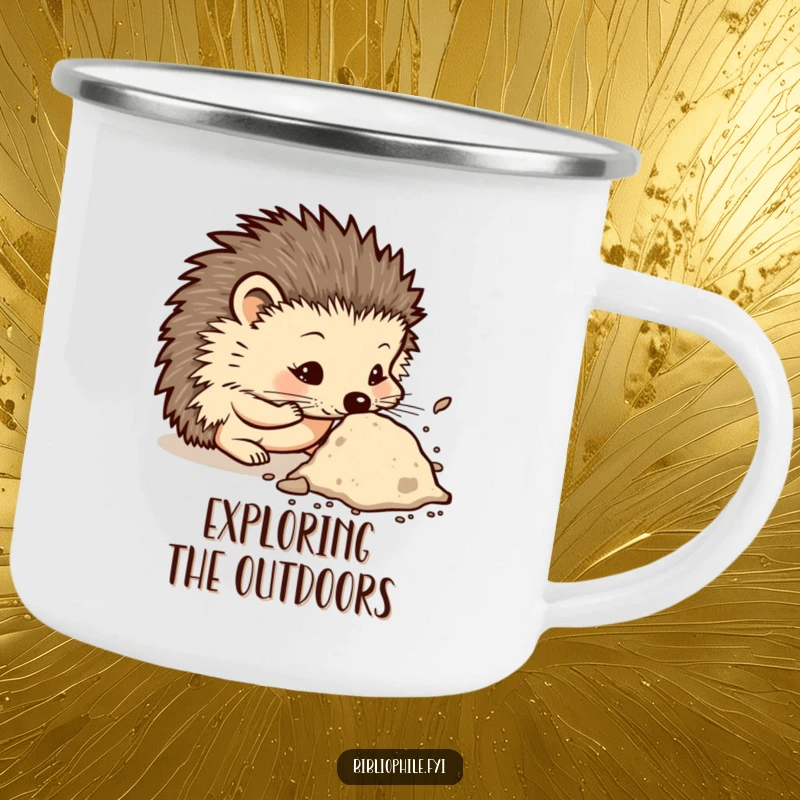 Funny camping mug with a curious hedgehog character sniffing a dusty tome, ideal for outdoor adventures and thoughtful contemplation.